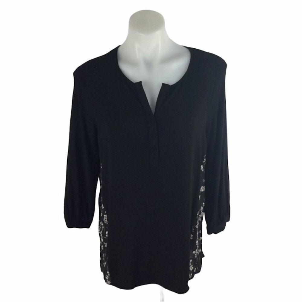 Daniel Rainn Black Long-Sleeve Split-Neck Top with Lace Side Panels